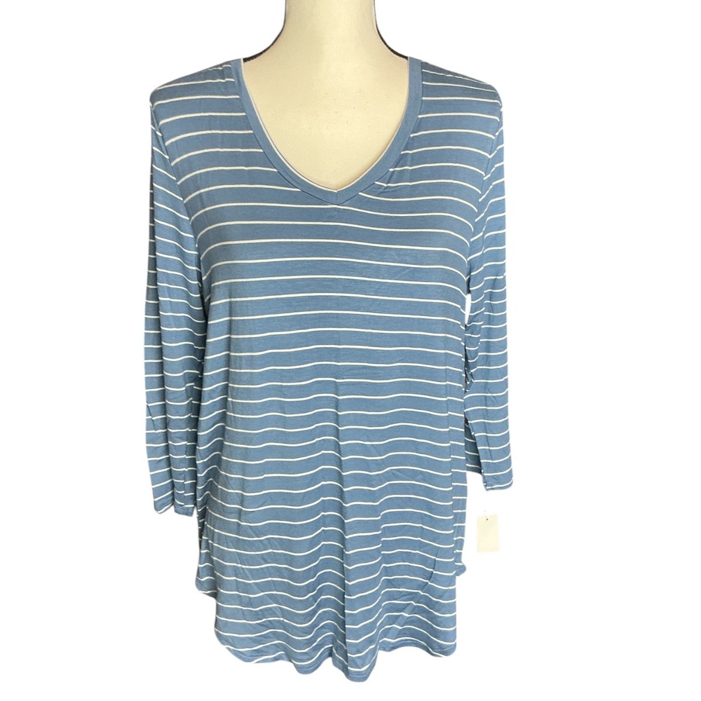 Olivia Sky Blue Striped V-Neck Top Womens Large 3/4 Sleeve MD980 NEW